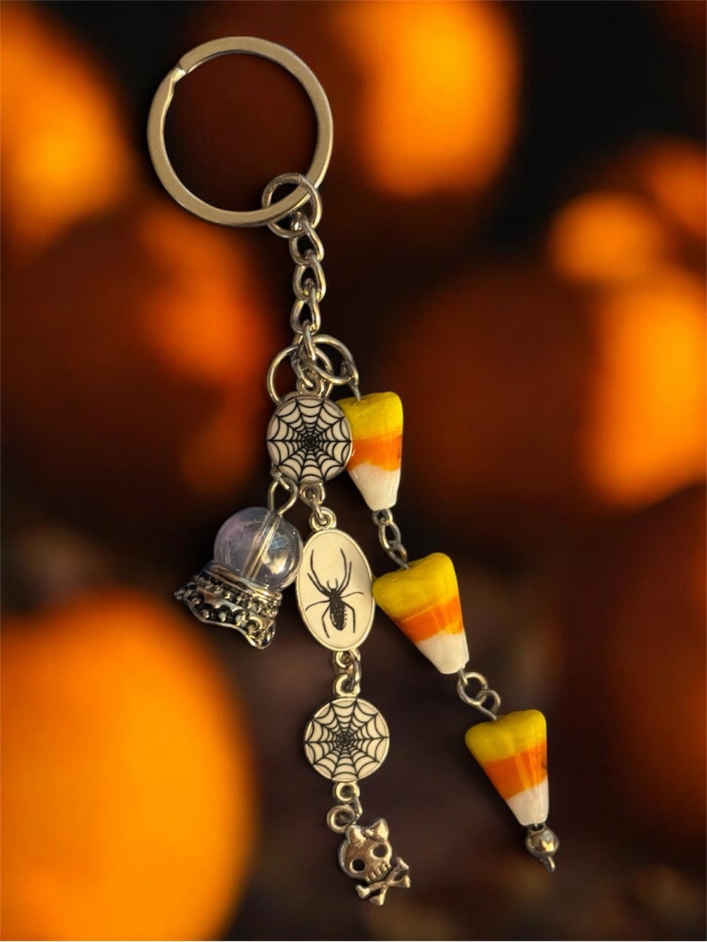 Halloween Candy Corn & Spider Webs & Crystal Ball Keychain - Orange Black White